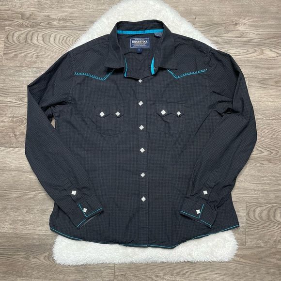 Panhandle Rough Stock Mens Shirt XL Pearl Snap Western Grey Teal Blue Stitch - Picture 1 of 8